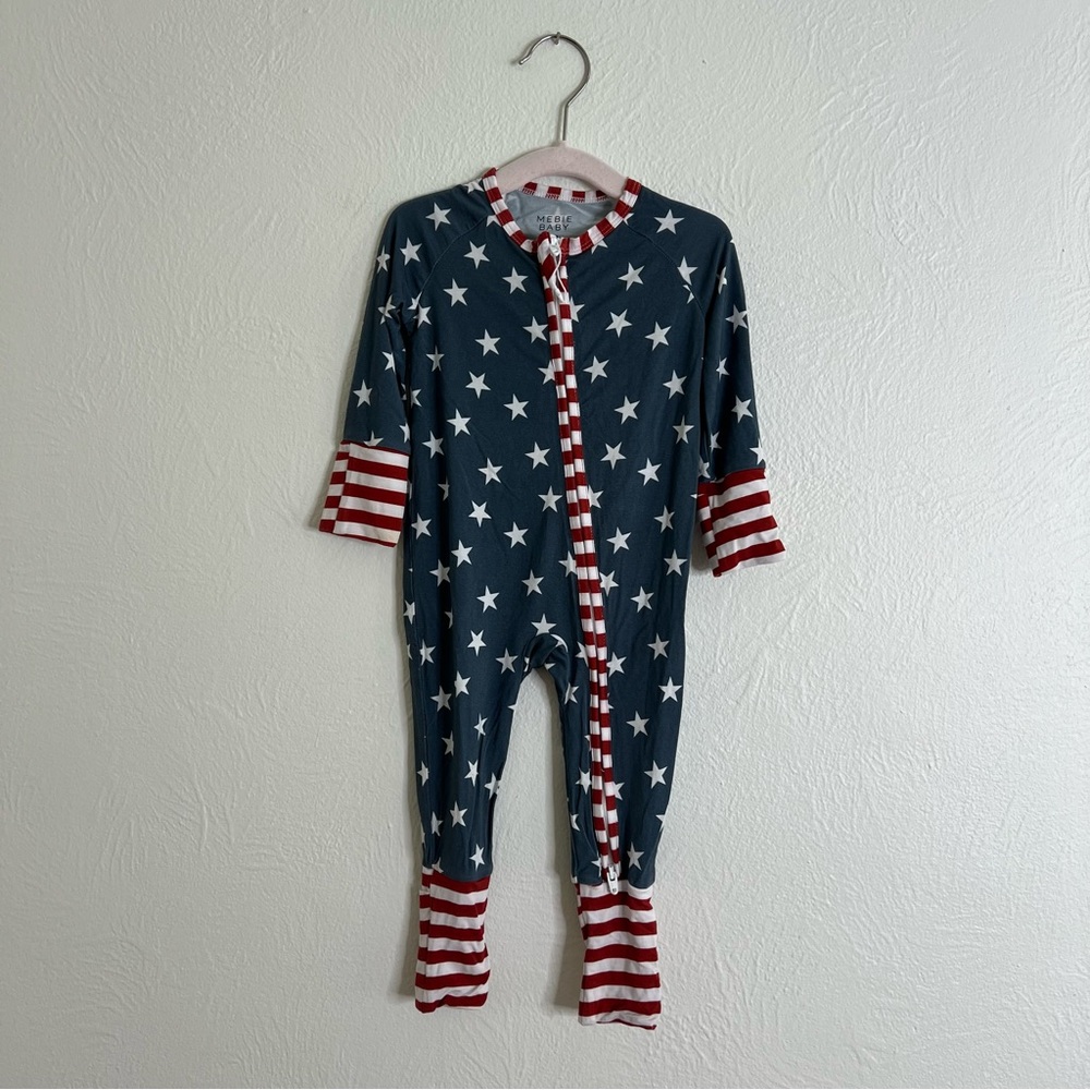 Mebie Baby Zip Romper Star Print Bamboo Red White Blue Long Sleeves Size 3-6M